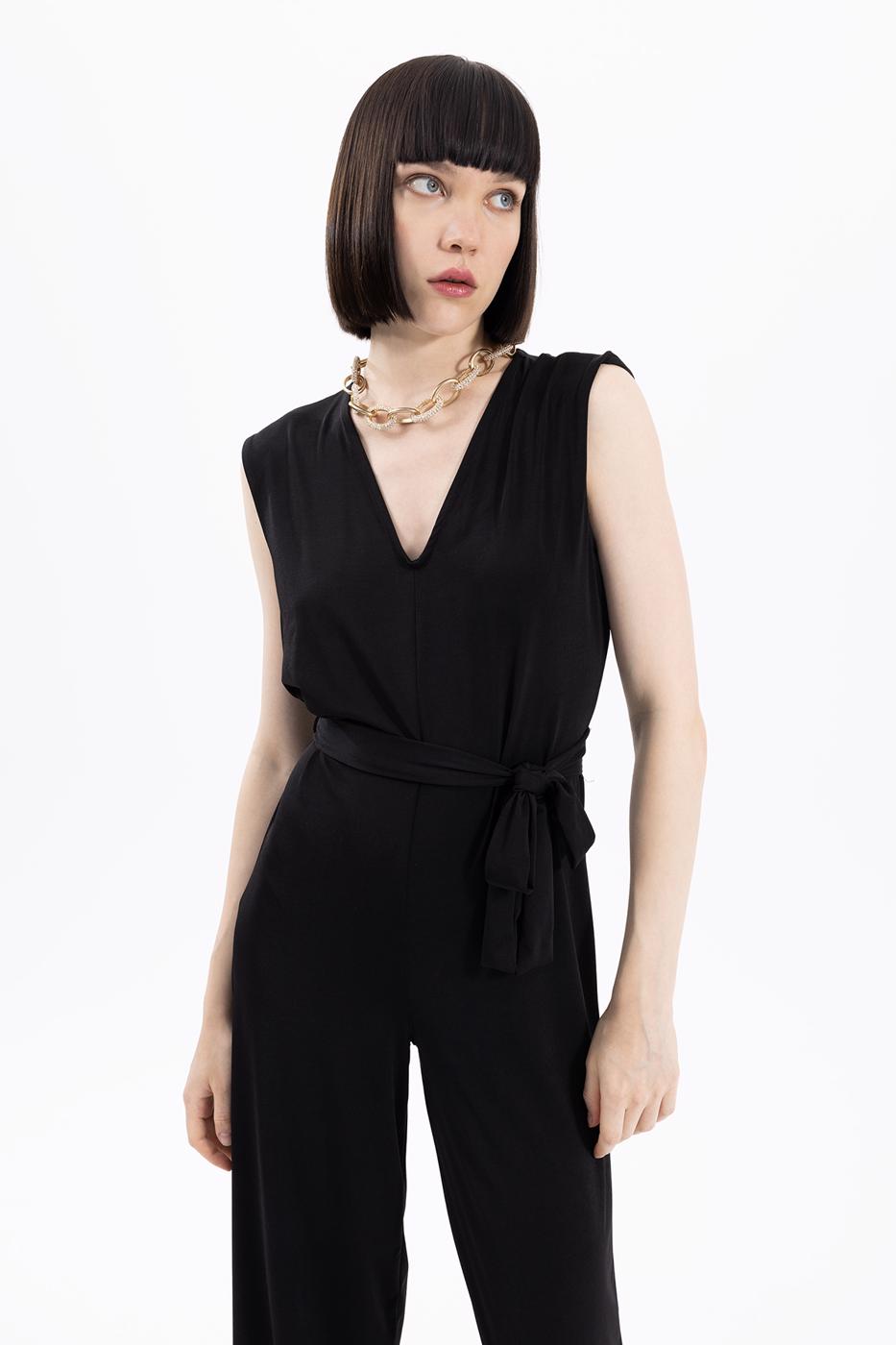 Bayan Siyah V Yakalı Kolsuz Tulum