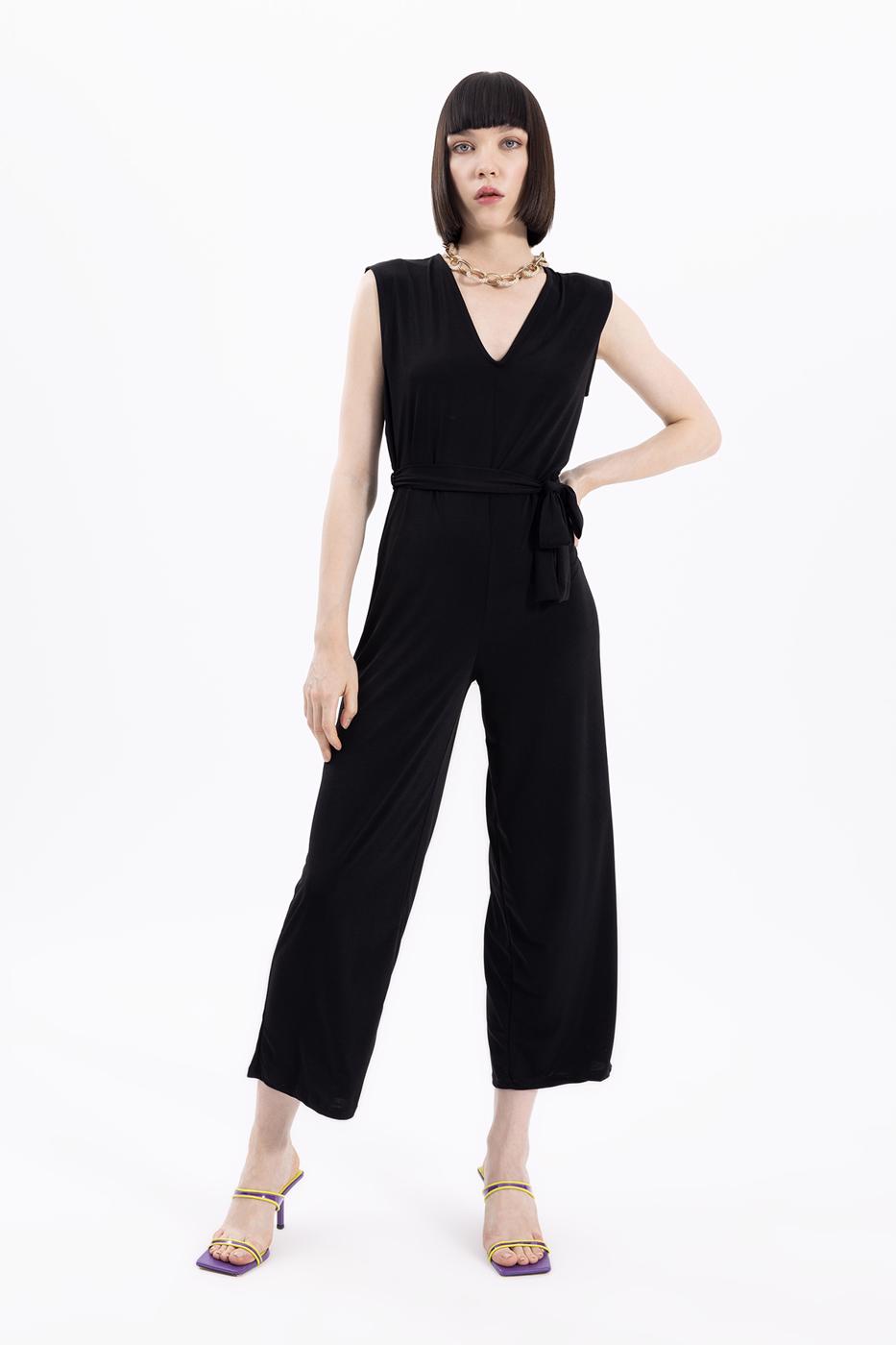 Bayan Siyah V Yakalı Kolsuz Tulum