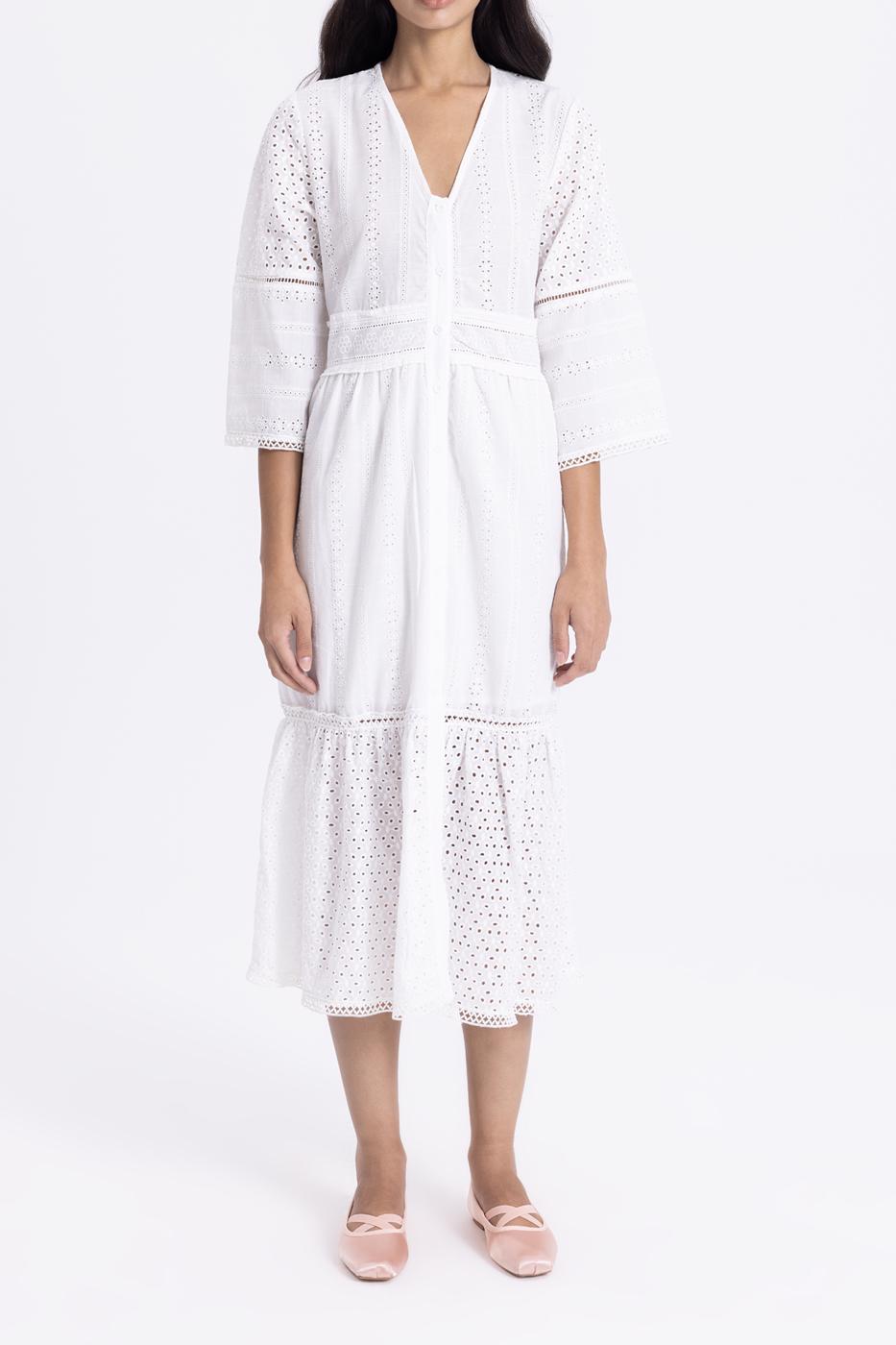 Bayan Beyaz V Yakalı Brode  Midi Gömlek Elbise