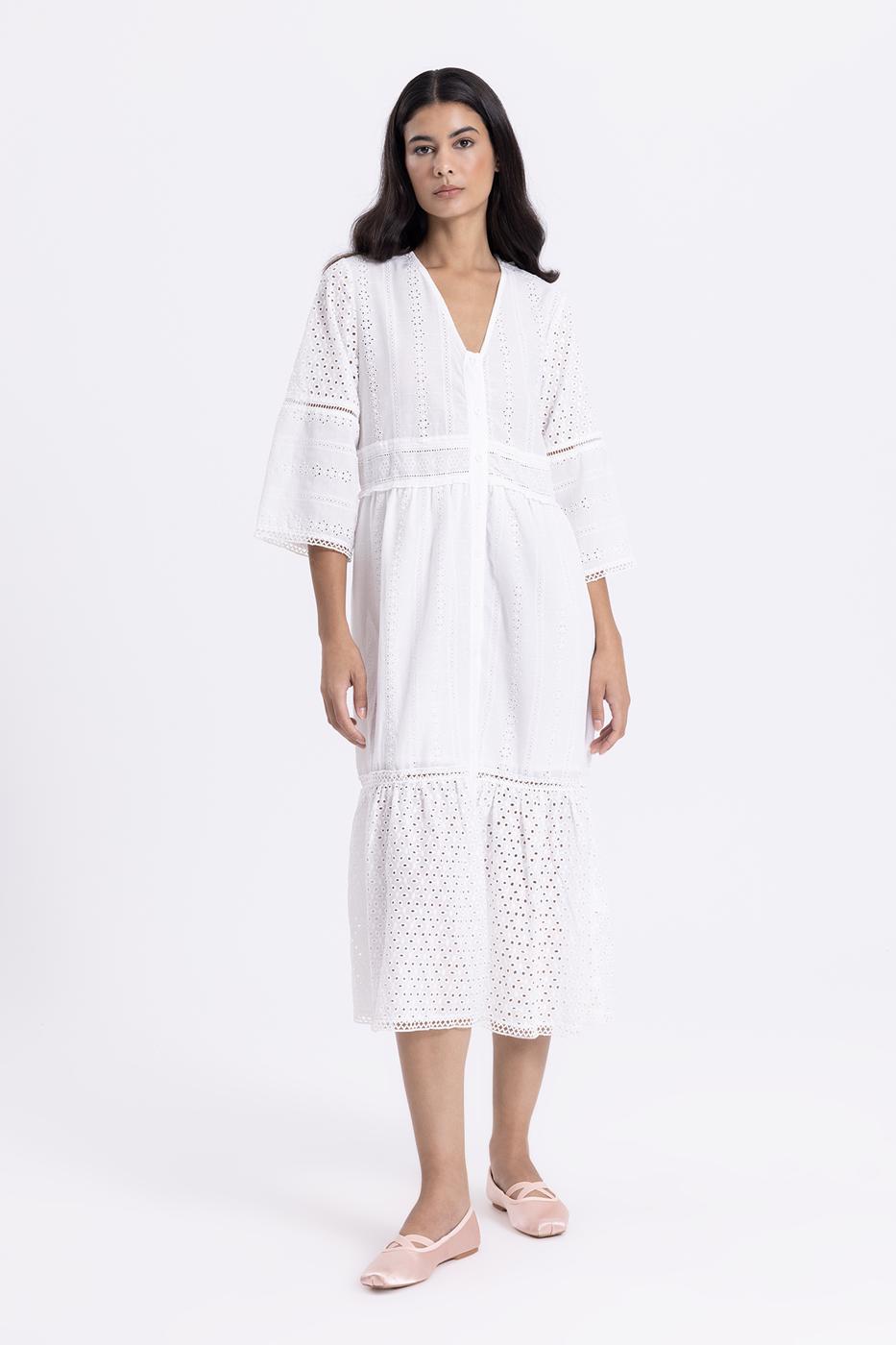 Bayan Beyaz V Yakalı Brode  Midi Gömlek Elbise