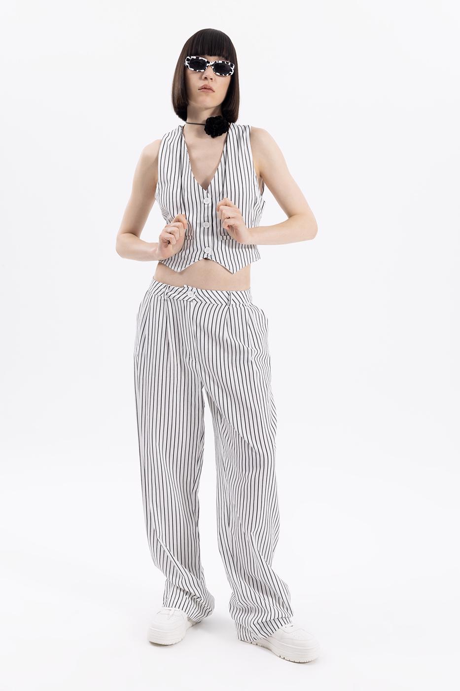 Bayan Beyaz Pileli Çizgili Pantolon