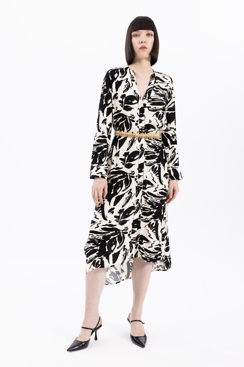 Bayan Krem Uzun Kollu Desenli Tunik Elbise