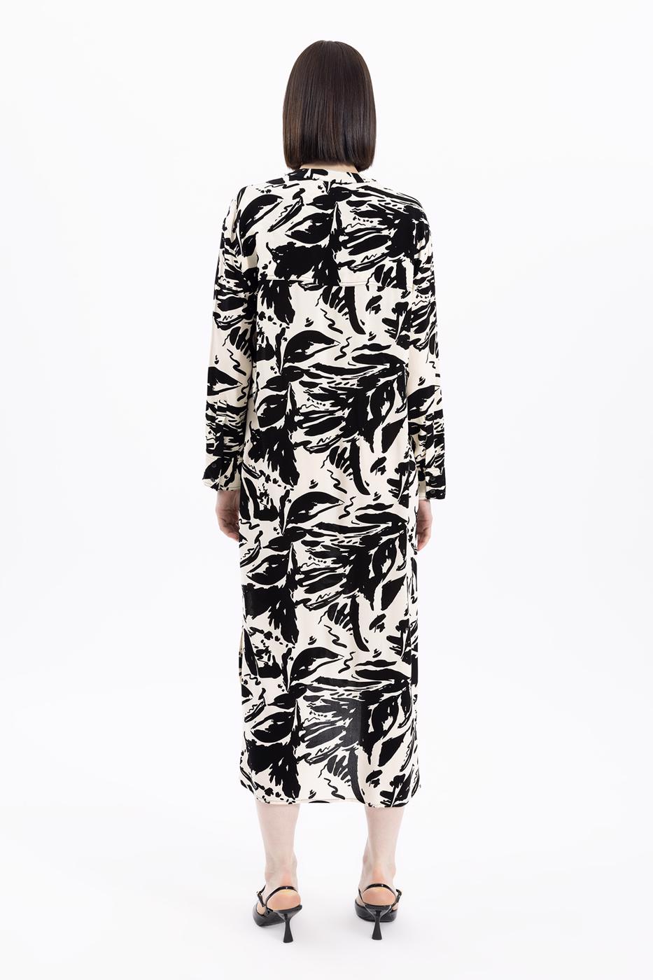 Bayan Krem Uzun Kollu Desenli Tunik Elbise