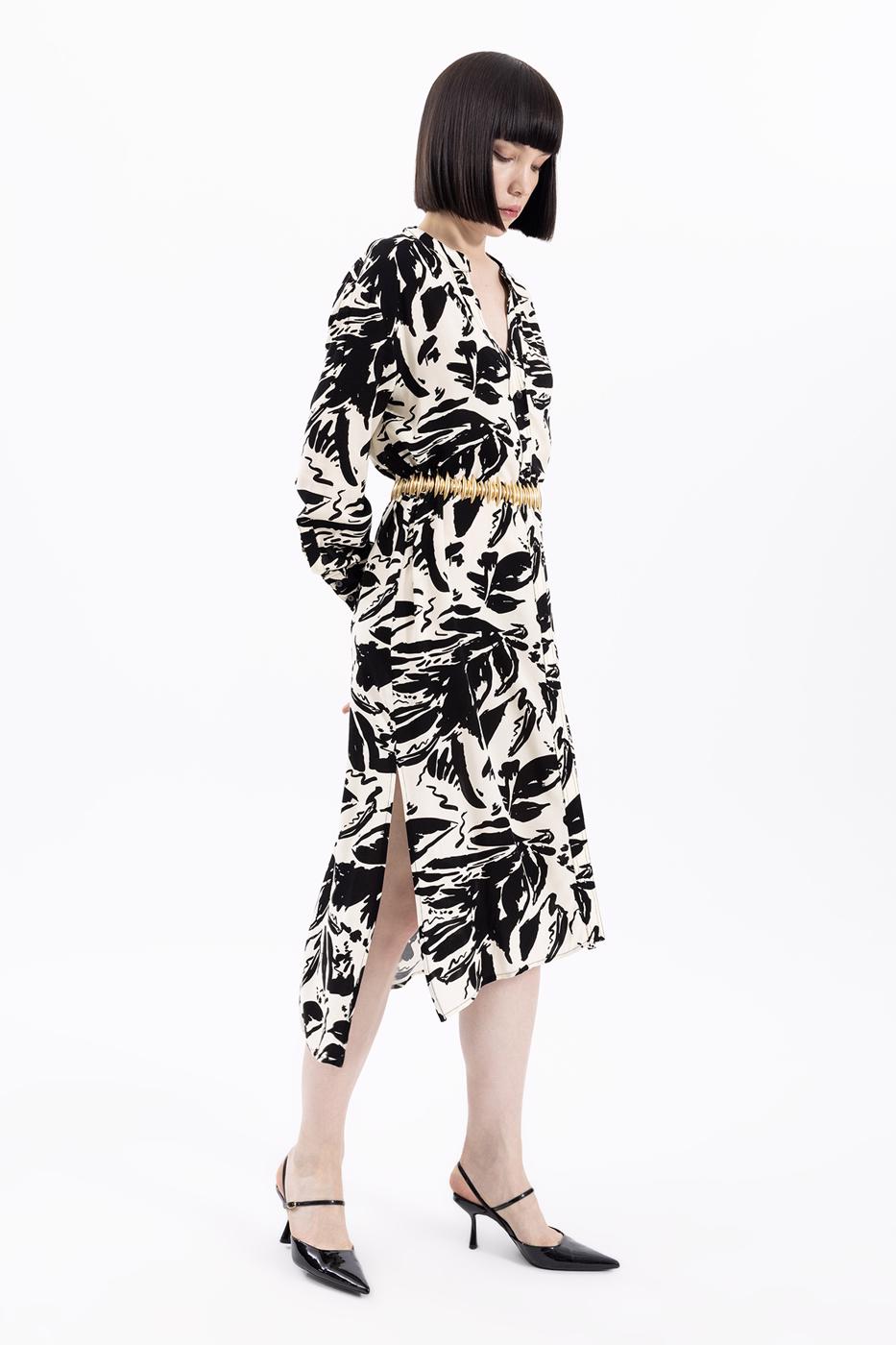 Bayan Krem Uzun Kollu Desenli Tunik Elbise