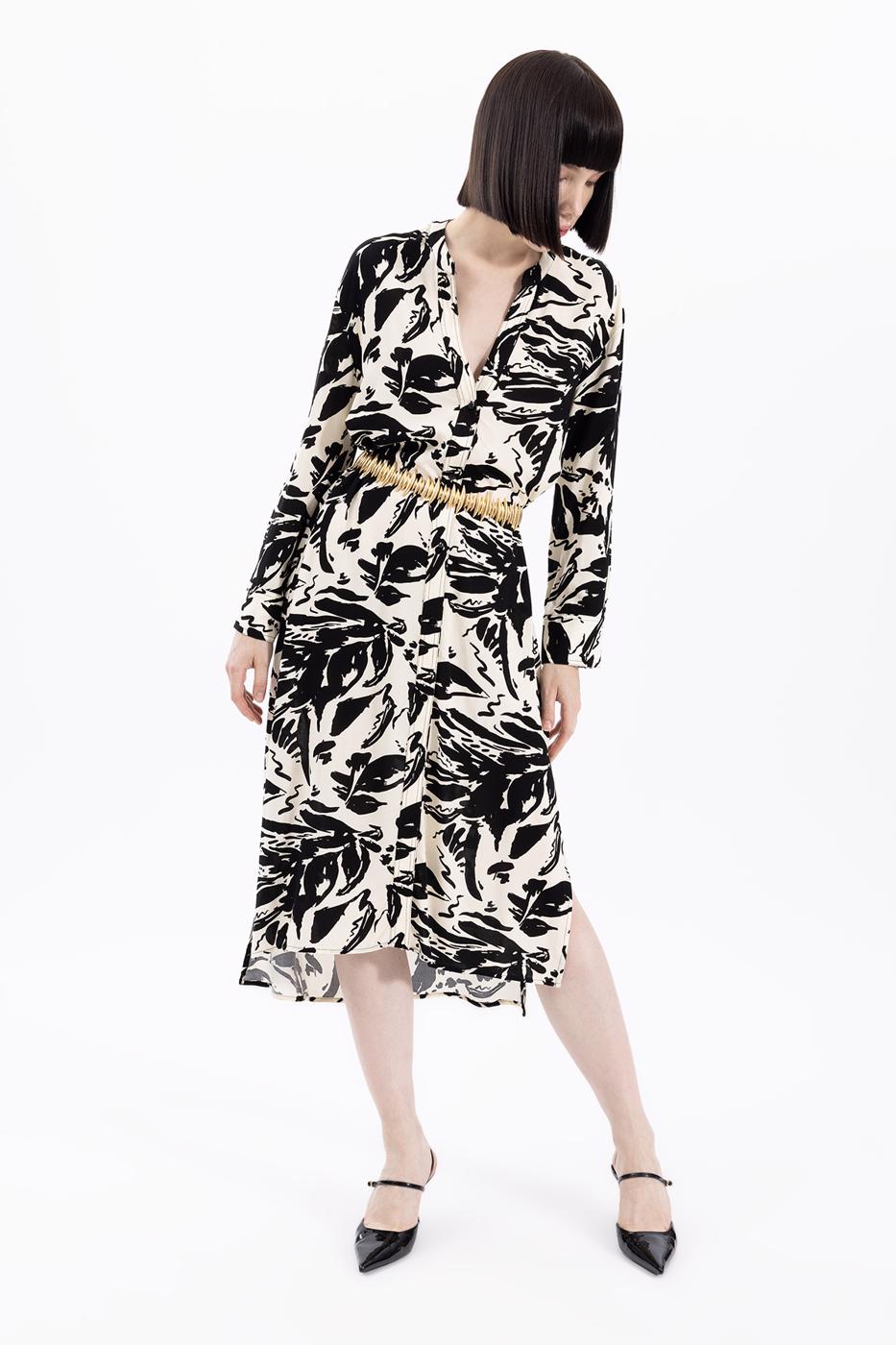 Bayan Krem Uzun Kollu Desenli Tunik Elbise