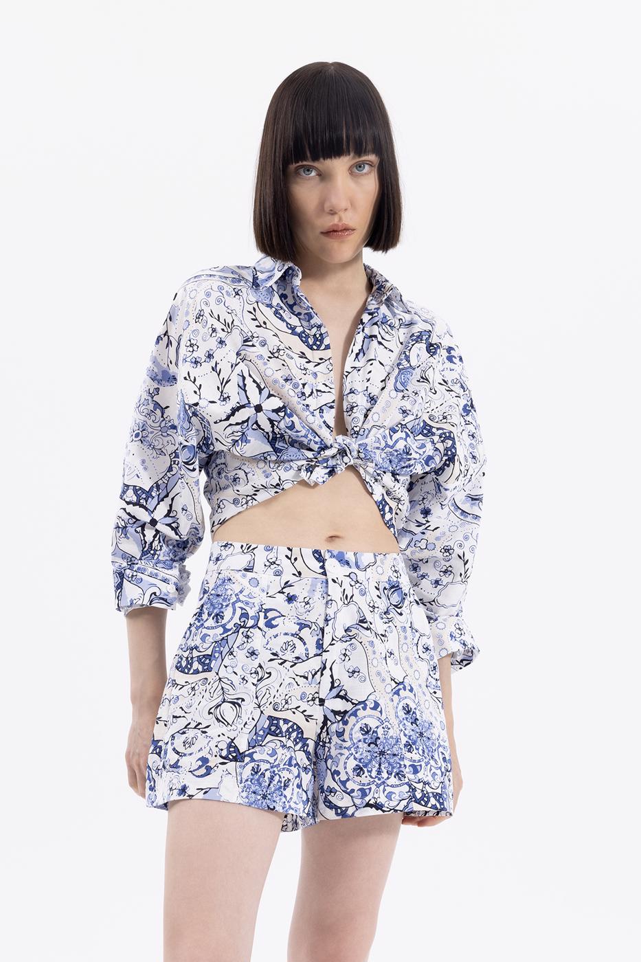 Bayan Mavi Desenli Mini Şort