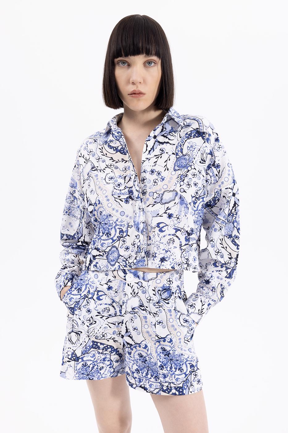 Bayan Mavi Desenli Crop Gömlek