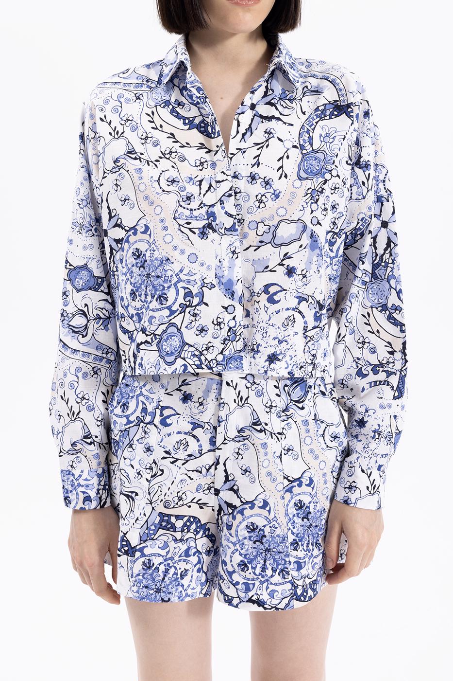 Bayan Mavi Desenli Crop Gömlek