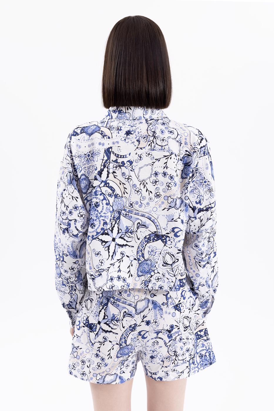 Bayan Mavi Desenli Crop Gömlek