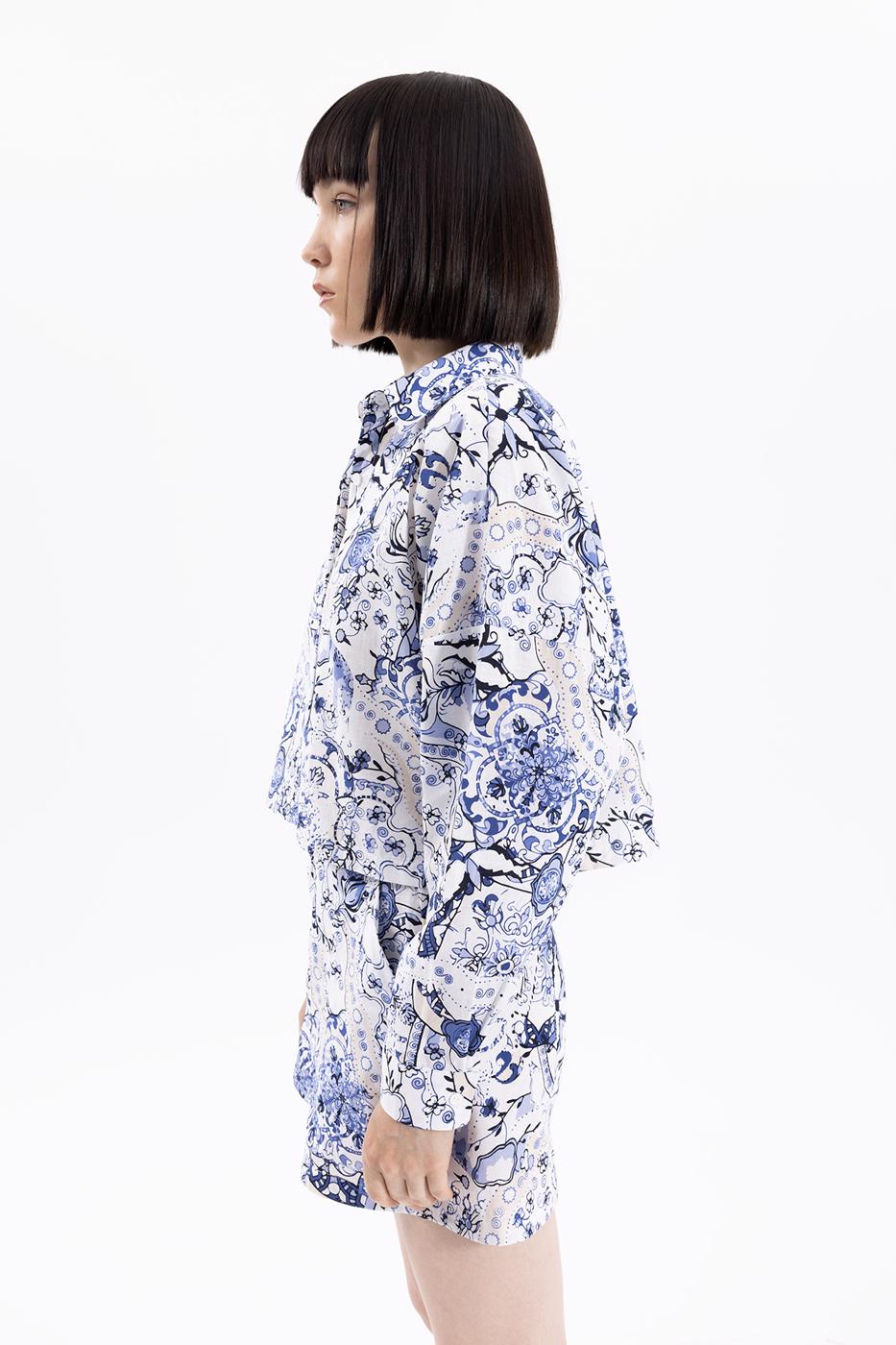 Bayan Mavi Desenli Crop Gömlek