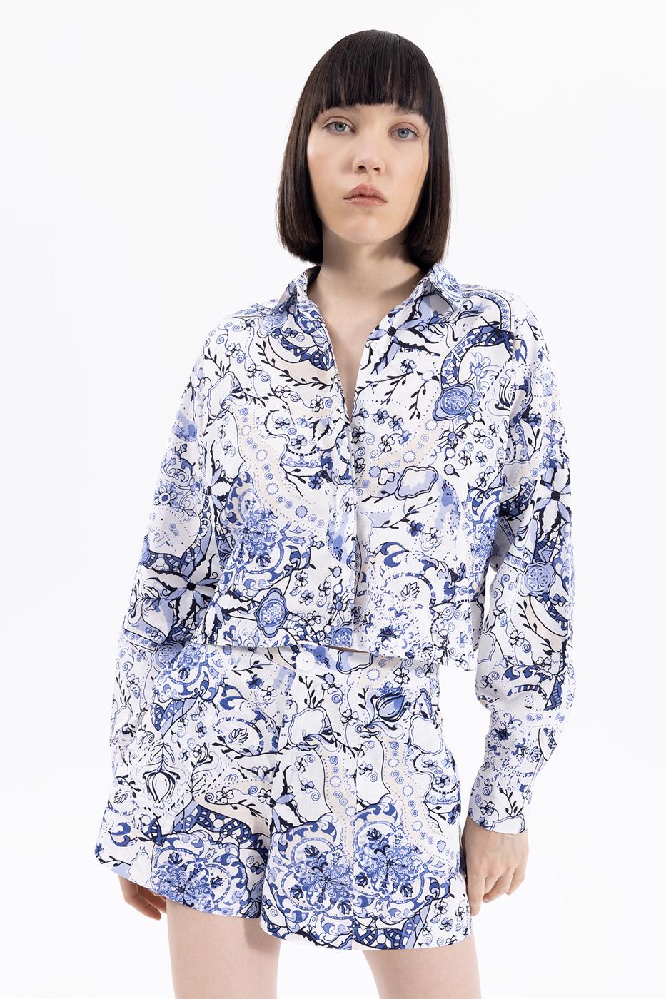 Bayan Mavi Desenli Crop Gömlek