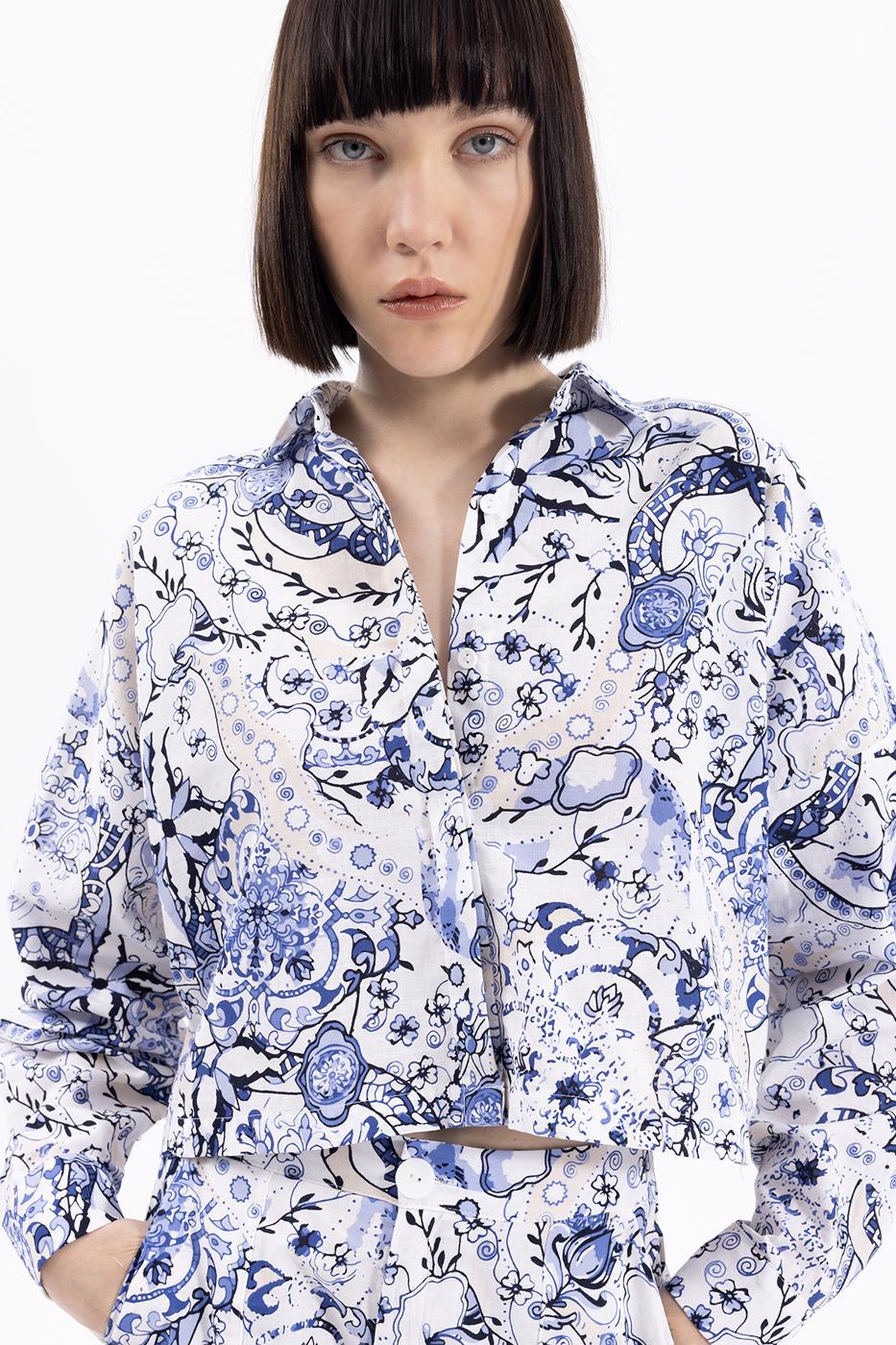 Bayan Mavi Desenli Crop Gömlek