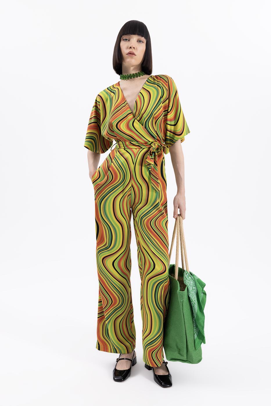 Bayan Yeşil Kruvaze Yakalı Desenli Tulum