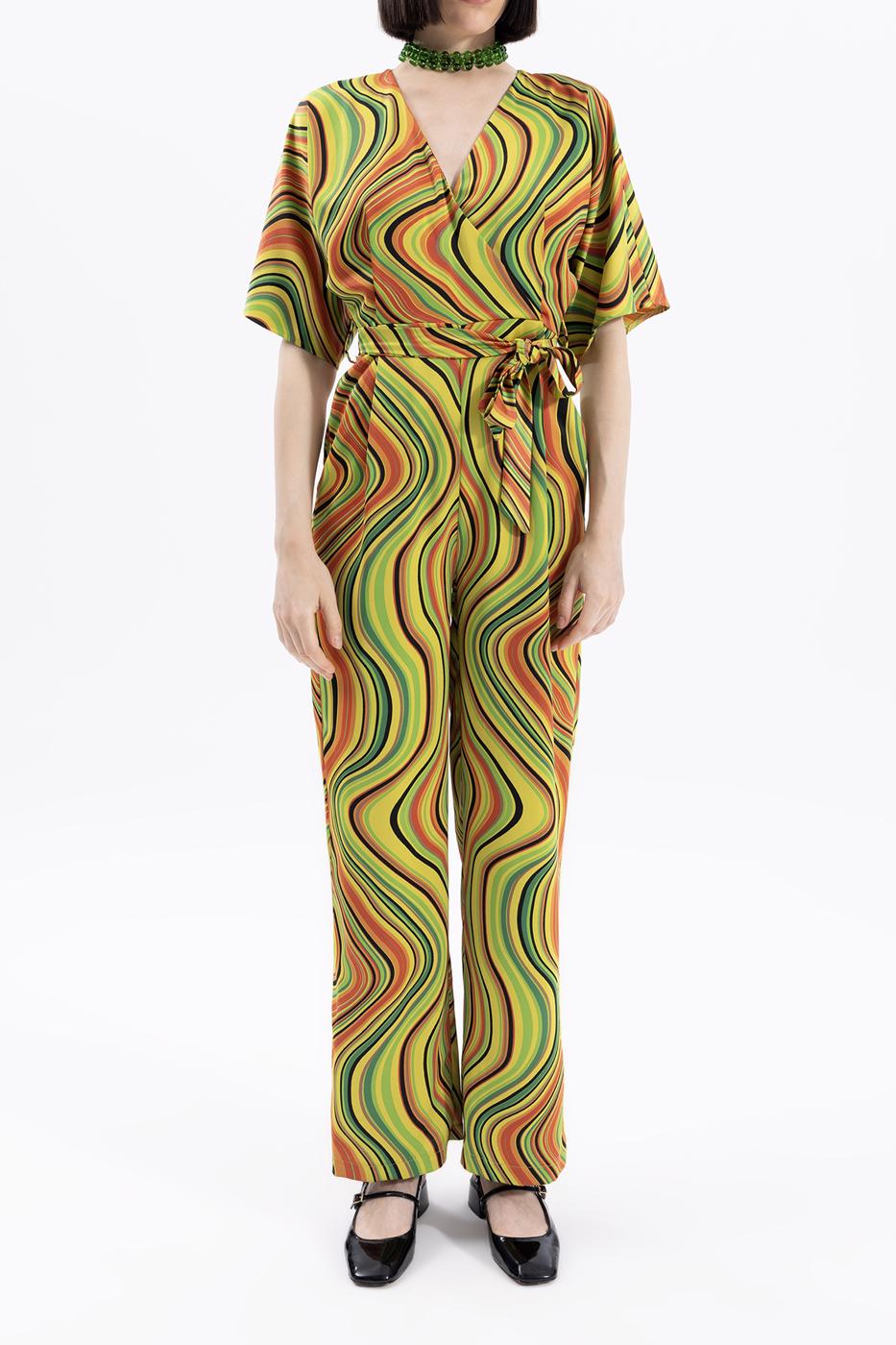 Bayan Yeşil Kruvaze Yakalı Desenli Tulum