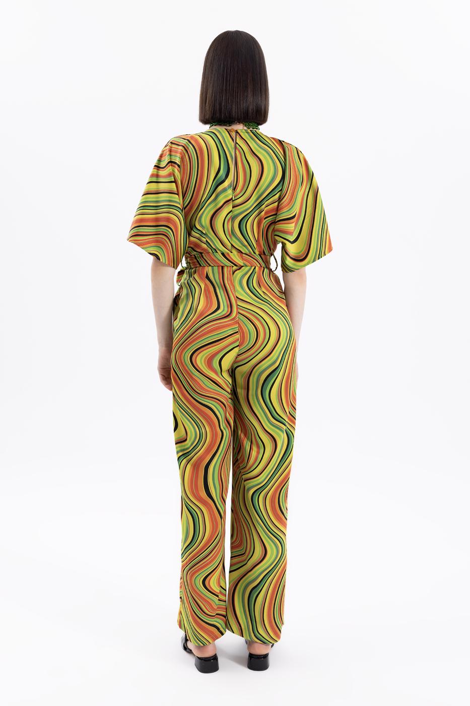 Bayan Yeşil Kruvaze Yakalı Desenli Tulum