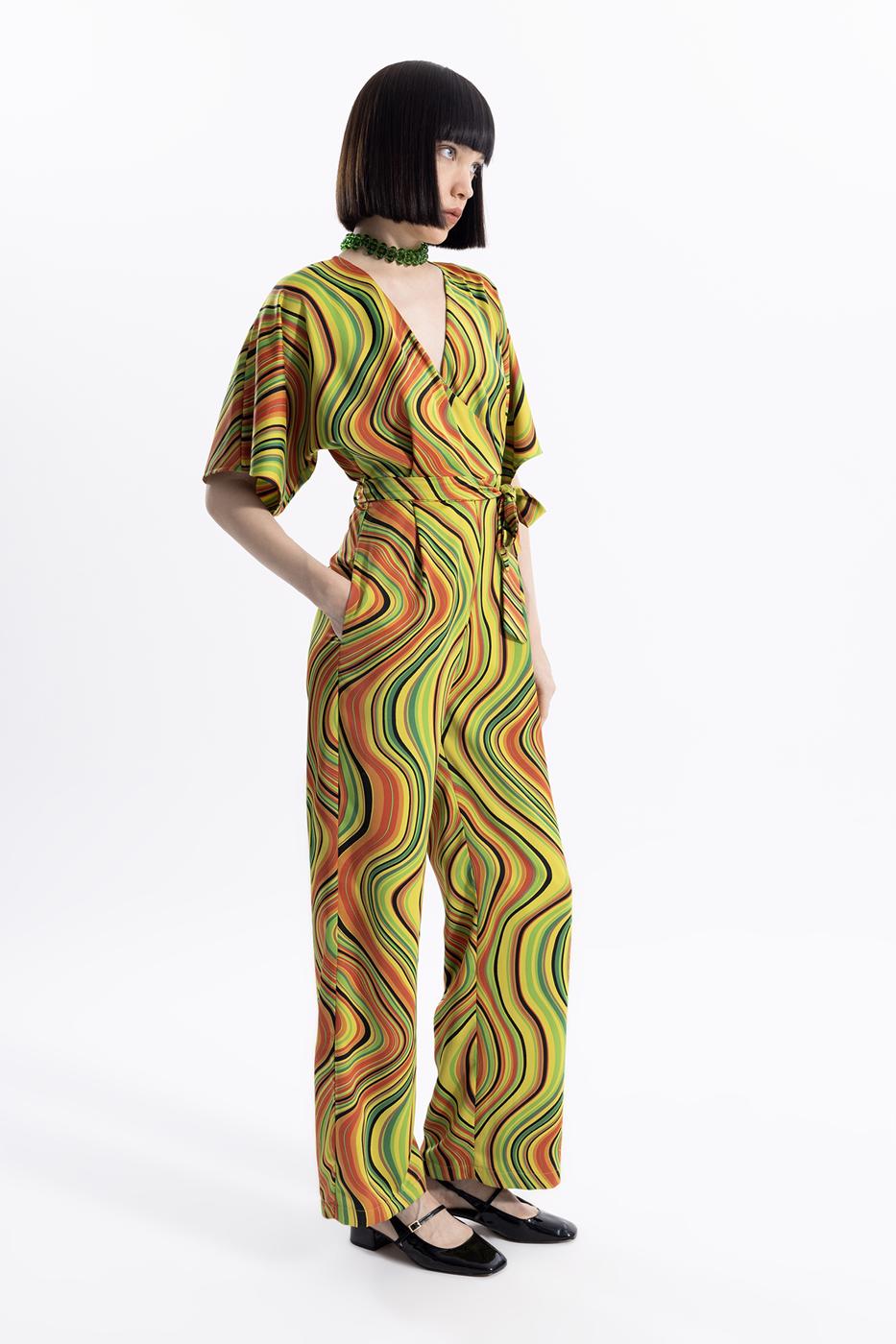 Bayan Yeşil Kruvaze Yakalı Desenli Tulum