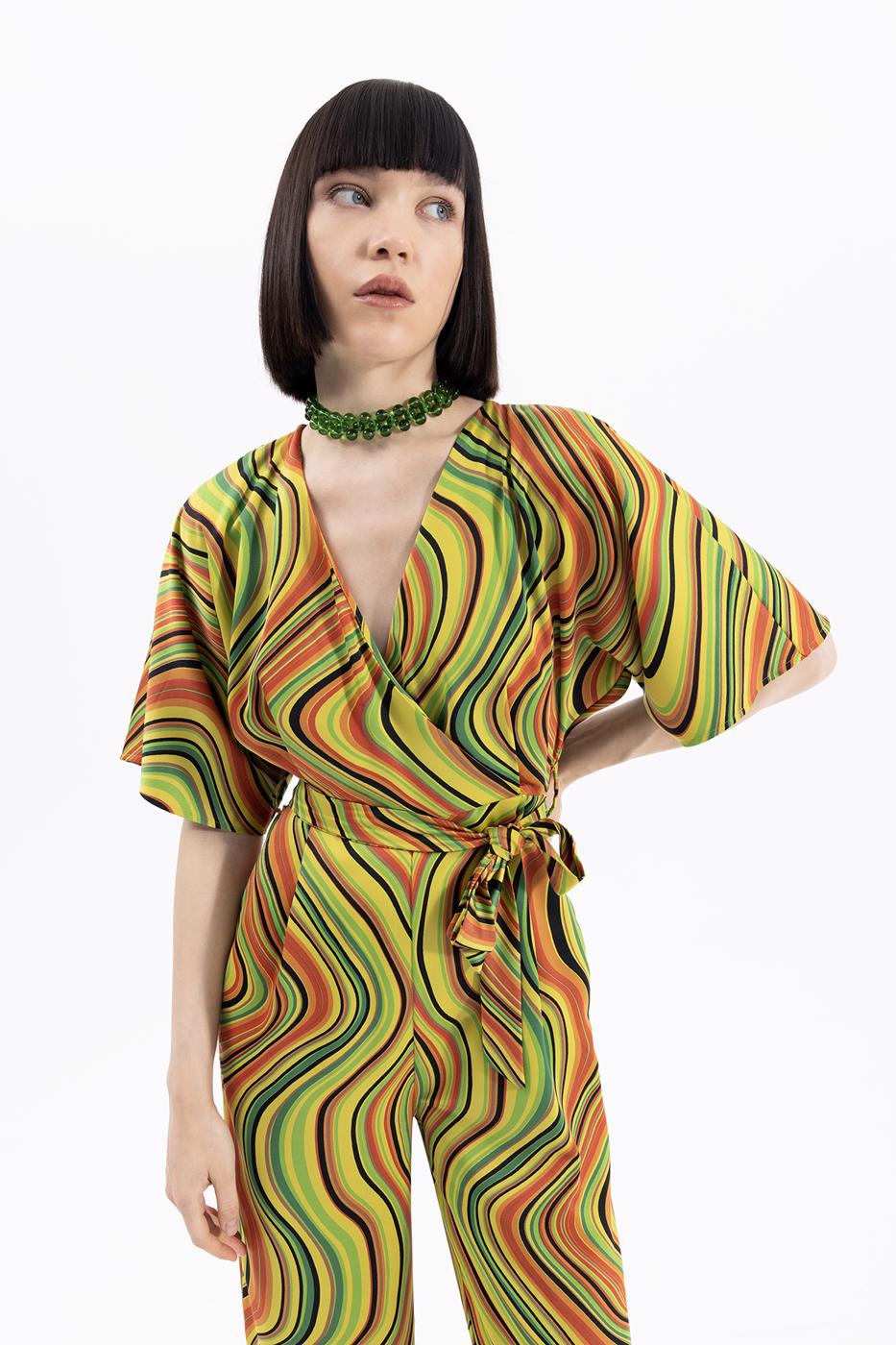 Bayan Yeşil Kruvaze Yakalı Desenli Tulum