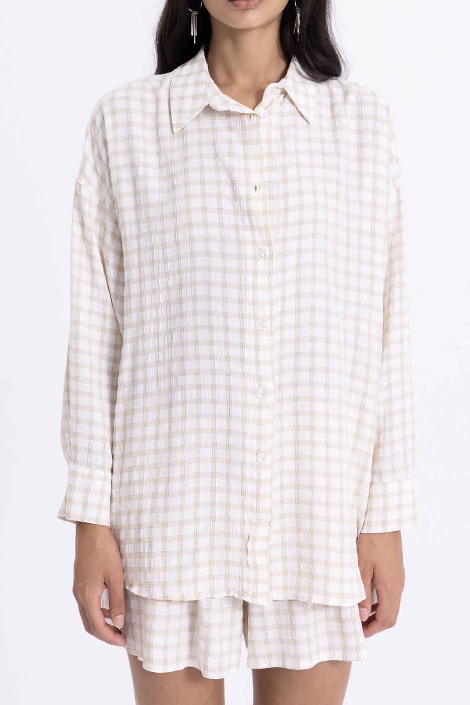 Bayan Bej Oversize Uzun Kollu Gömlek