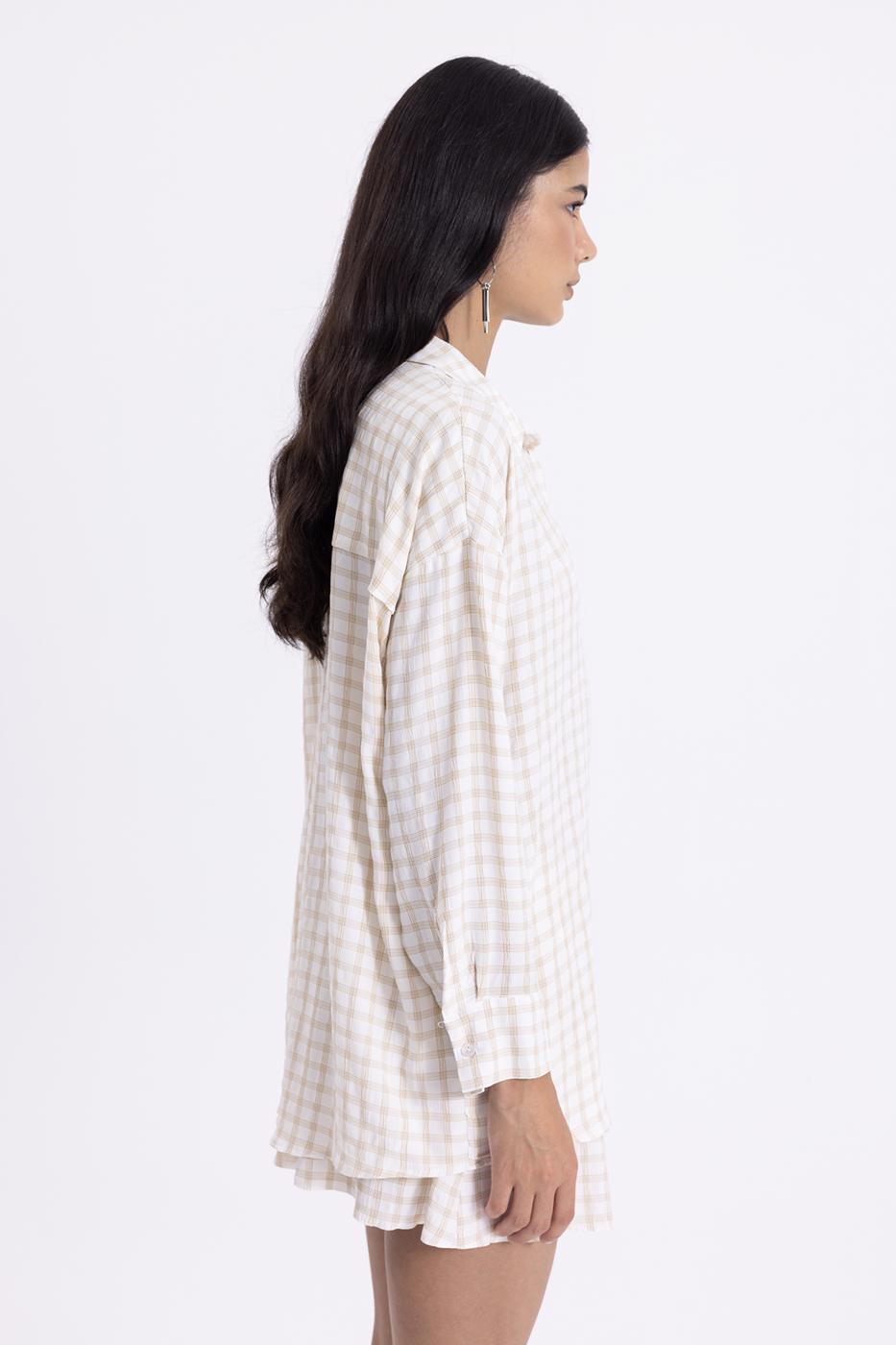 Bayan Bej Oversize Uzun Kollu Gömlek