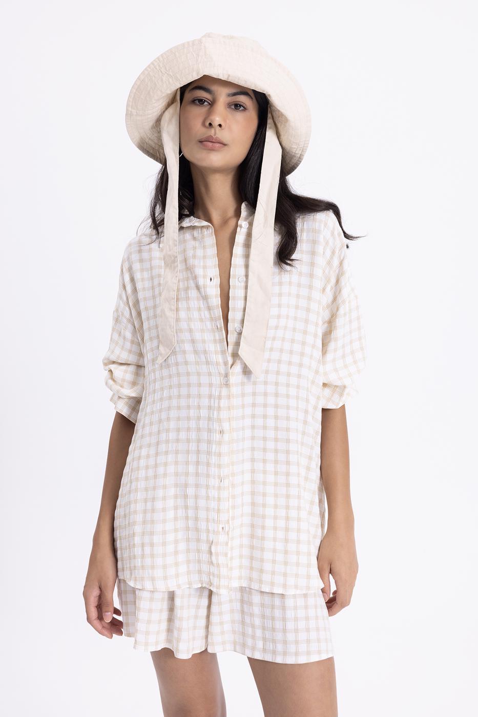 Bayan Bej Oversize Uzun Kollu Gömlek