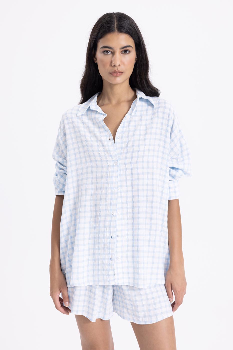 Bayan Mavi Oversize Uzun Kollu Gömlek