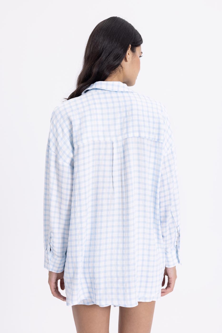 Bayan Mavi Oversize Uzun Kollu Gömlek