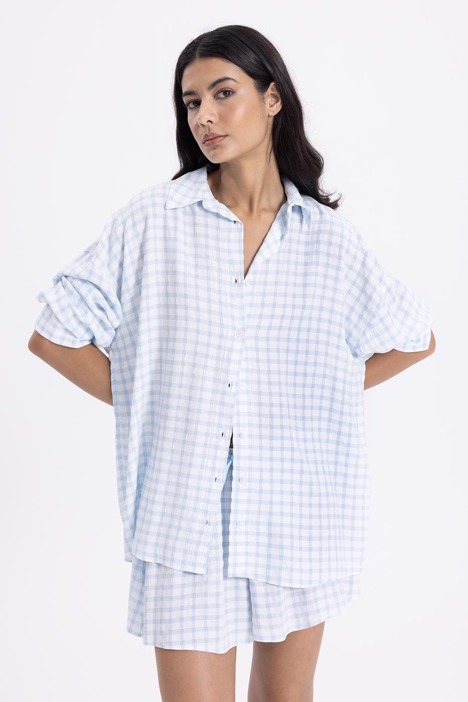 Bayan Mavi Oversize Uzun Kollu Gömlek