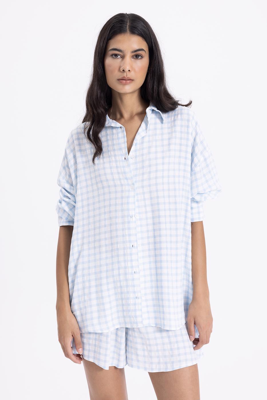 Bayan Mavi Oversize Uzun Kollu Gömlek