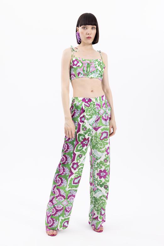 Bayan  Pileli Desenli Saten Pantolon