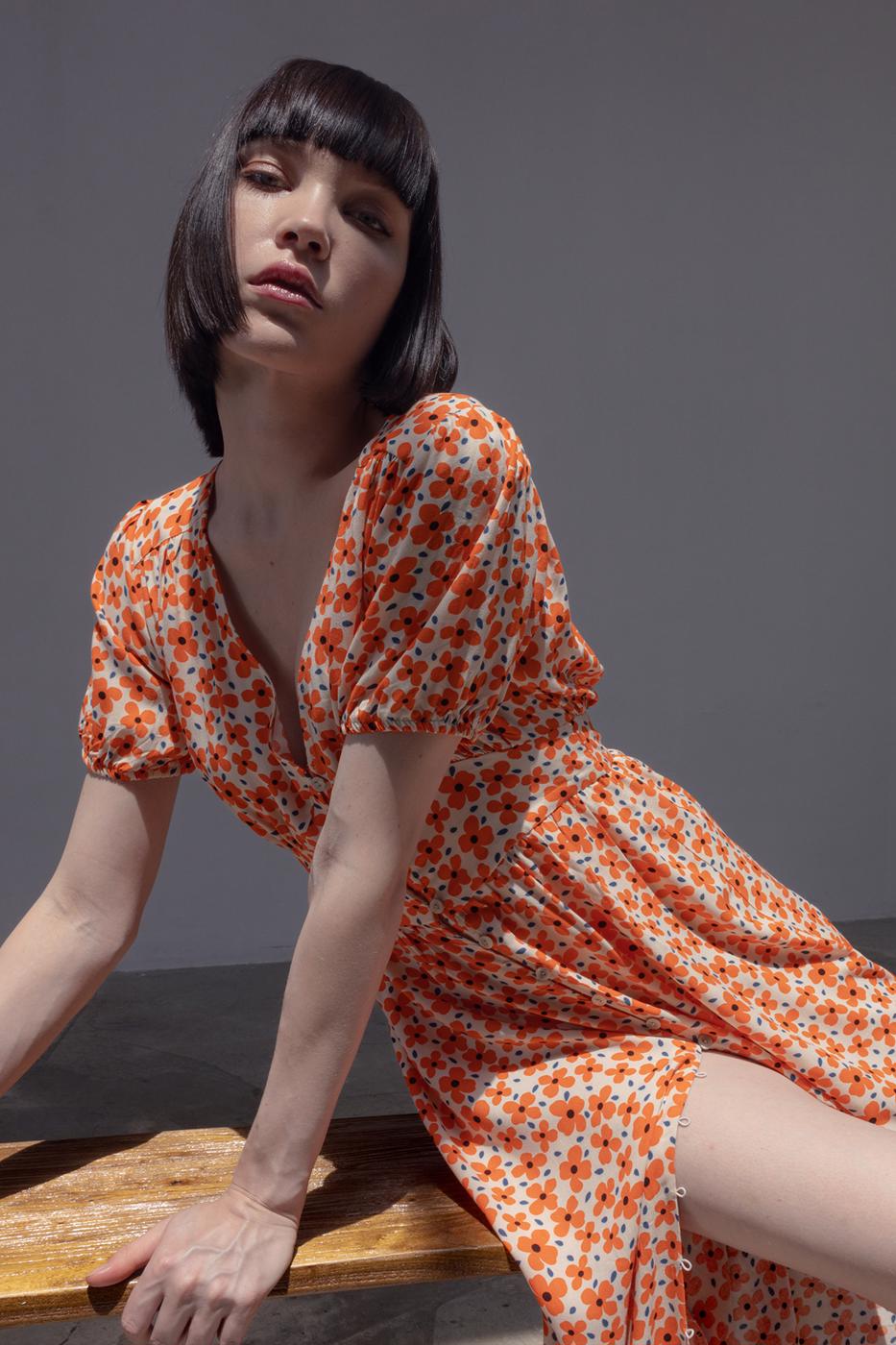 Bayan Kırmızı V Yaka Desenli Gömlek Elbise