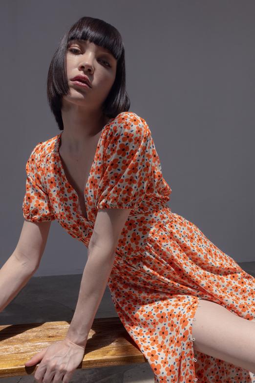 Bayan Kırmızı V Yaka Desenli Gömlek Elbise - BSL