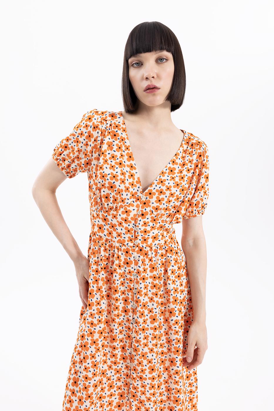 Bayan Kırmızı V Yaka Desenli Gömlek Elbise