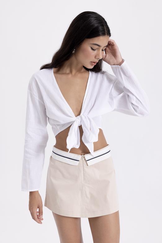 Bayan Krem Katlanır Bel Bantlı Şort Etek - BSL