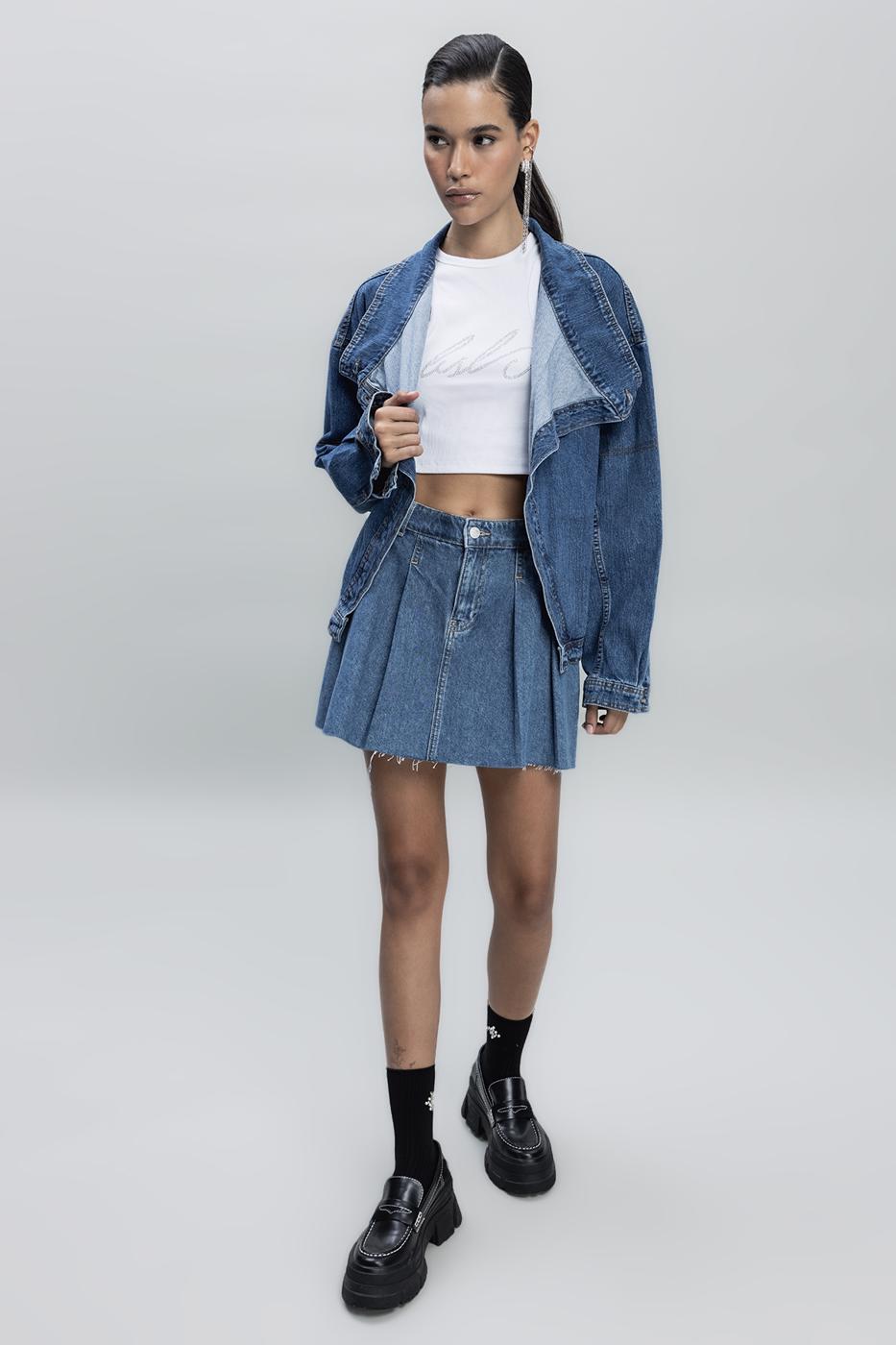 Bayan Mavi Pileli Mini Denim Etek