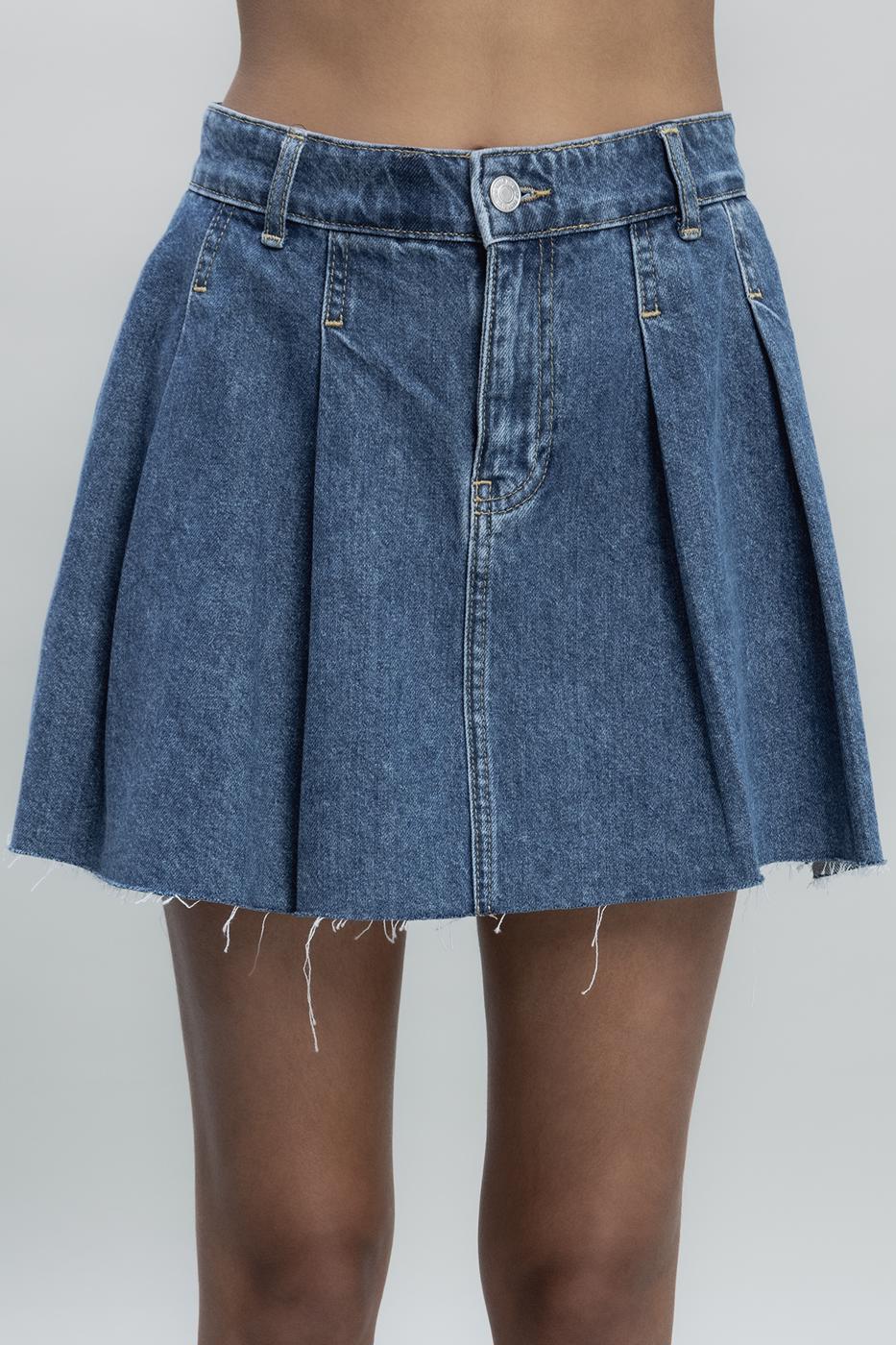 Bayan Mavi Pileli Mini Denim Etek