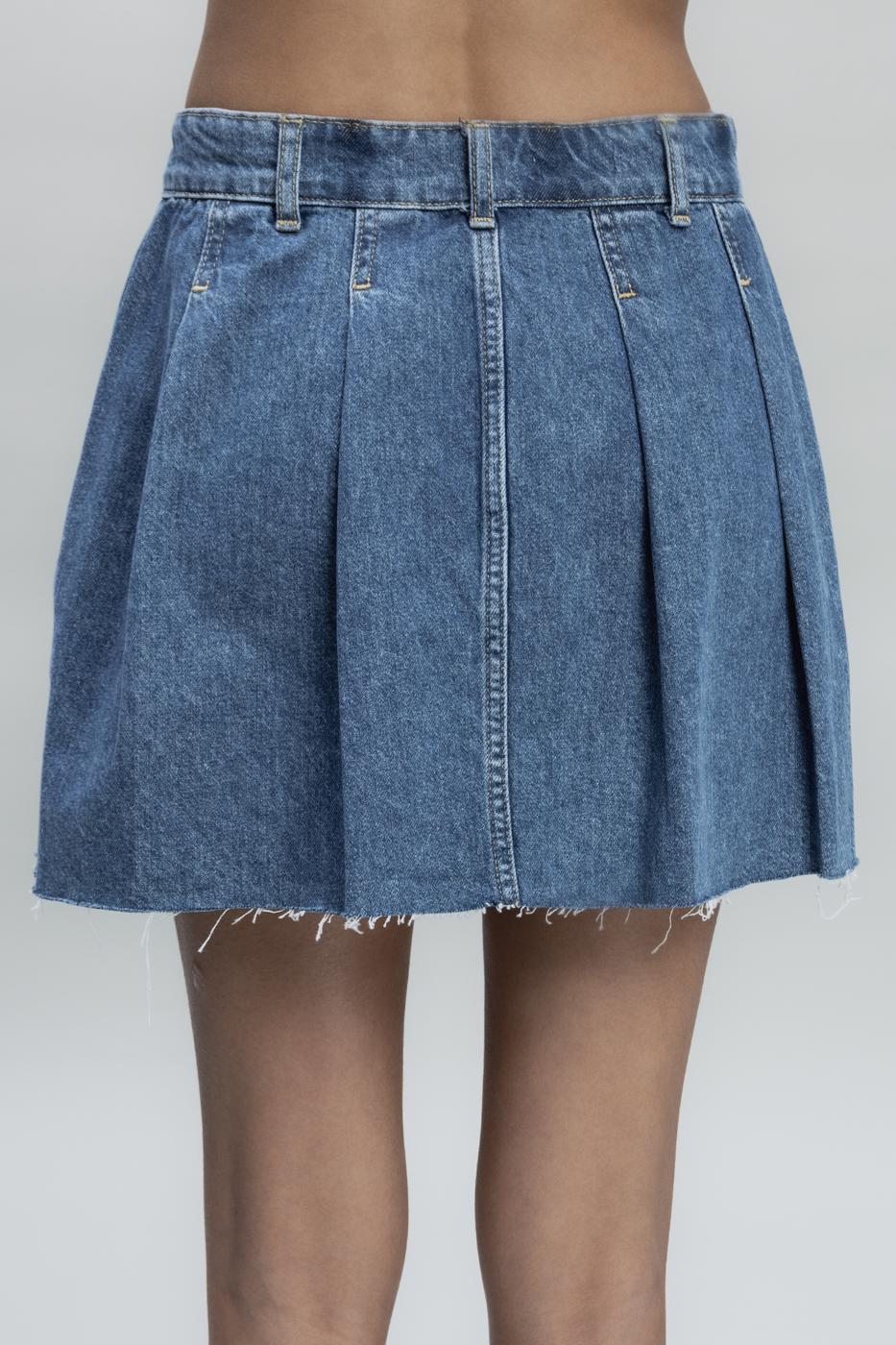 Bayan Mavi Pileli Mini Denim Etek