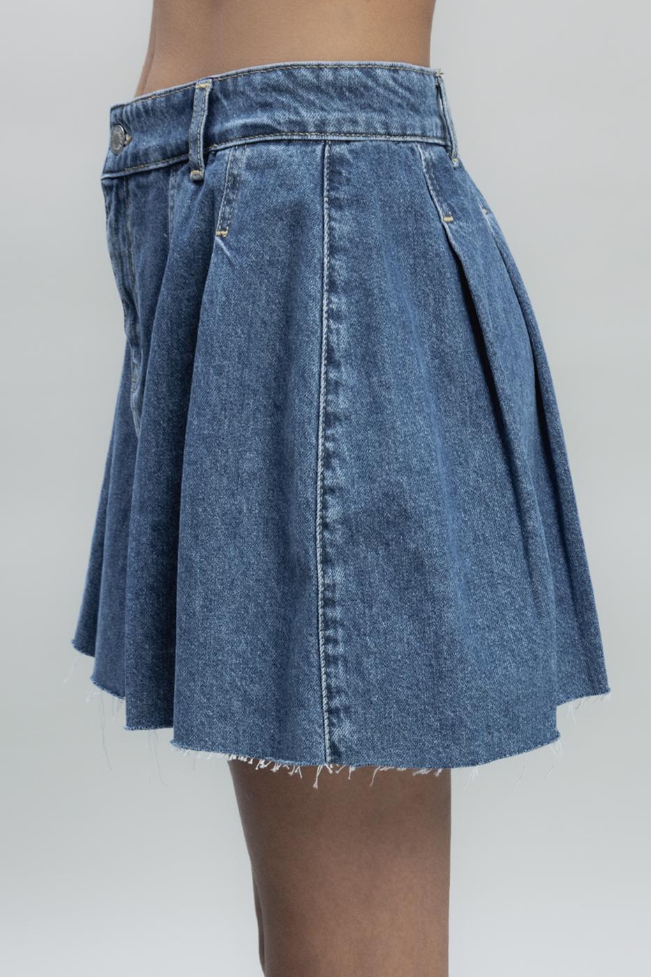 Bayan Mavi Pileli Mini Denim Etek