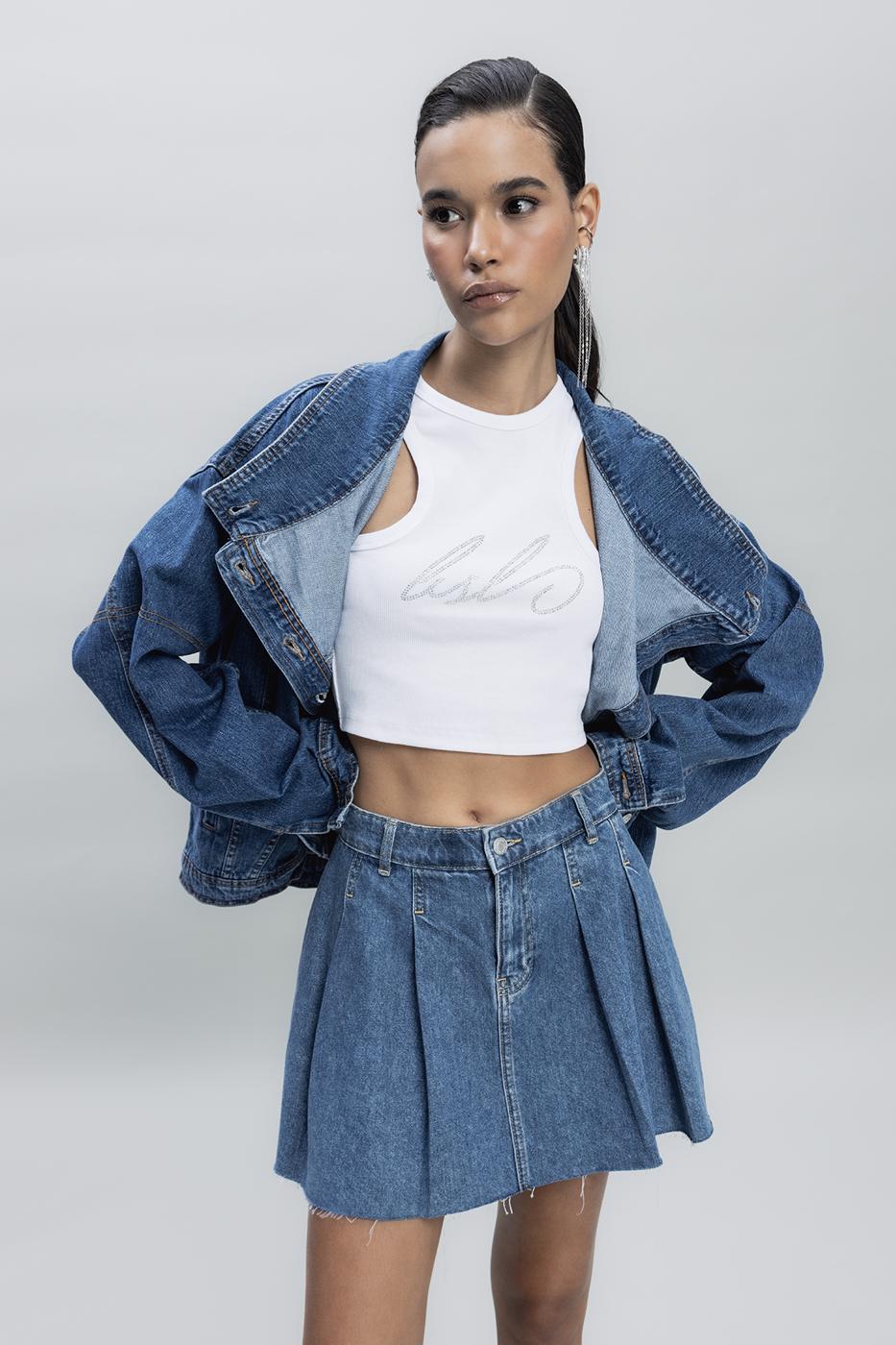 Bayan Mavi Pileli Mini Denim Etek