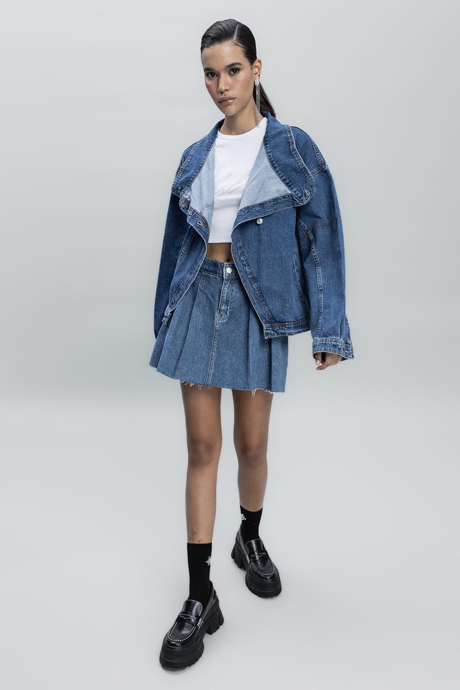 Bayan Mavi Pileli Mini Denim Etek