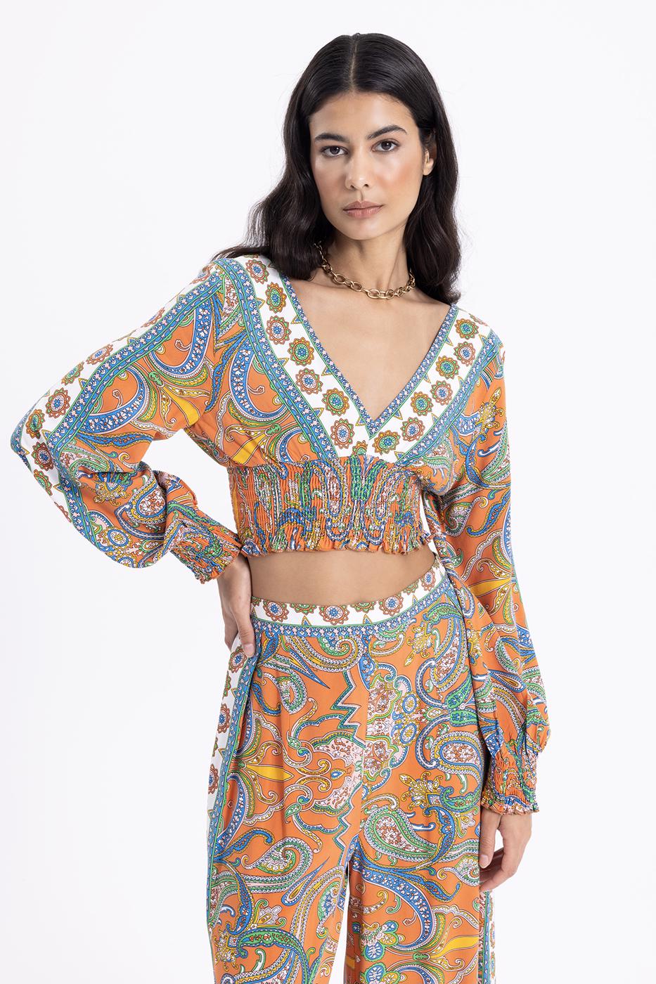 Bayan Oranj Derin V Yaka Detaylı Desenli Bluz