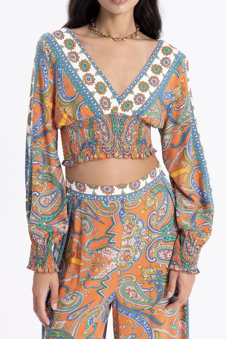 Bayan Oranj Derin V Yaka Detaylı Desenli Bluz