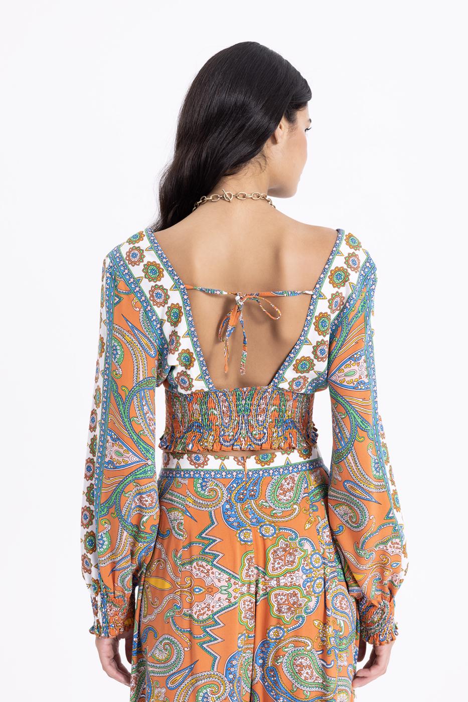 Bayan Oranj Derin V Yaka Detaylı Desenli Bluz