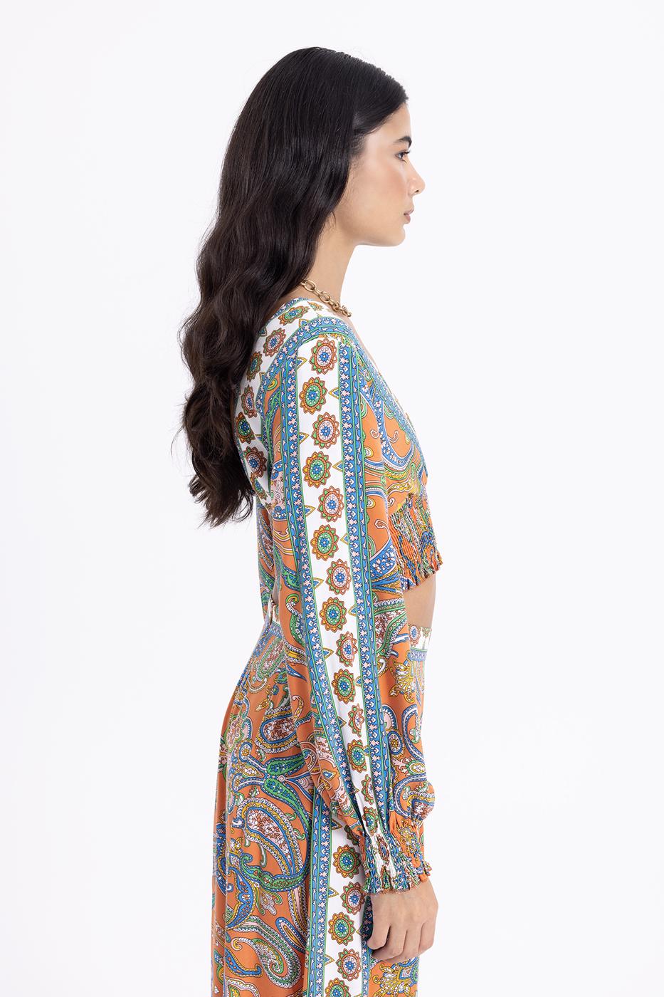 Bayan Oranj Derin V Yaka Detaylı Desenli Bluz