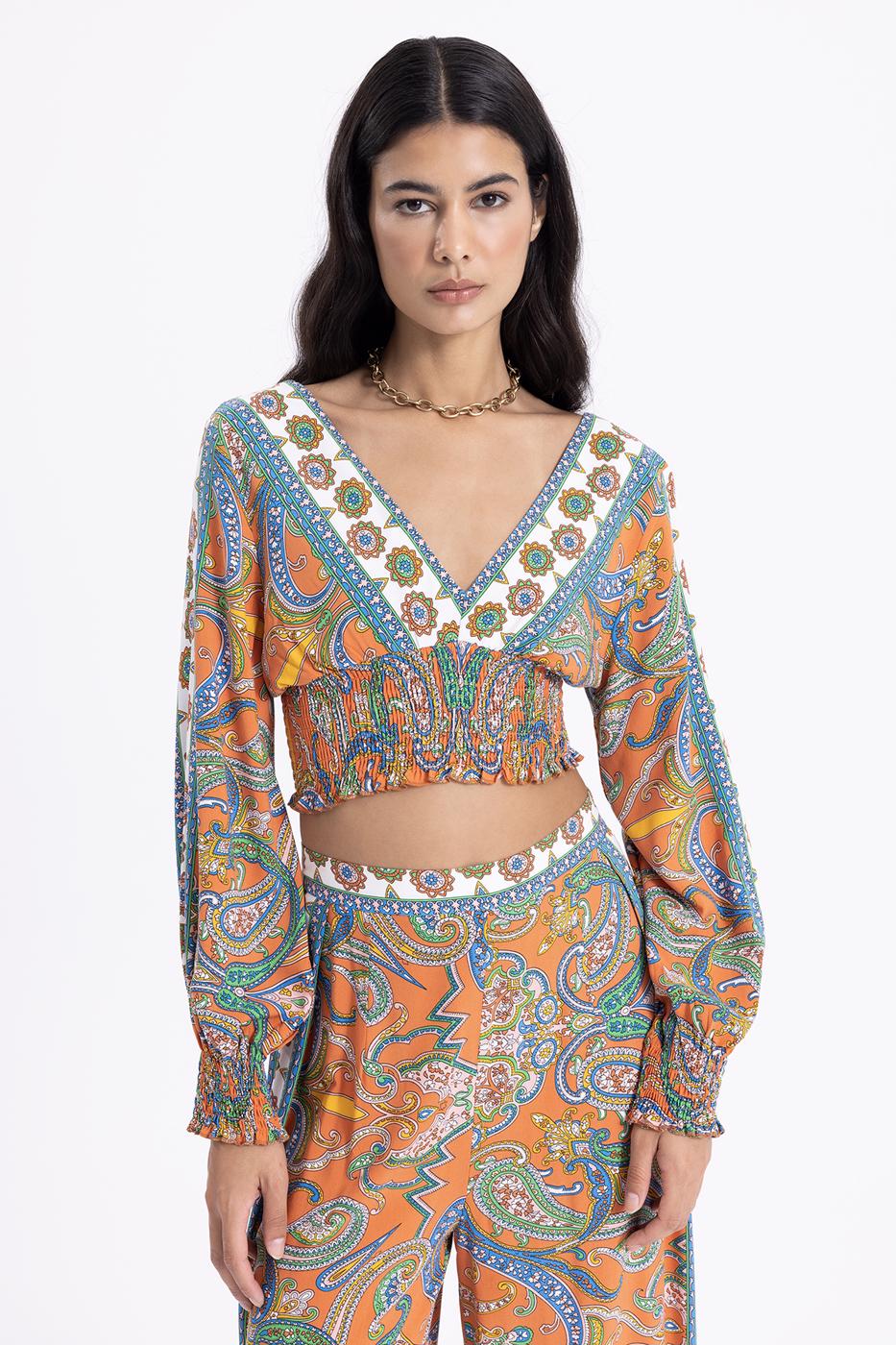 Bayan Oranj Derin V Yaka Detaylı Desenli Bluz