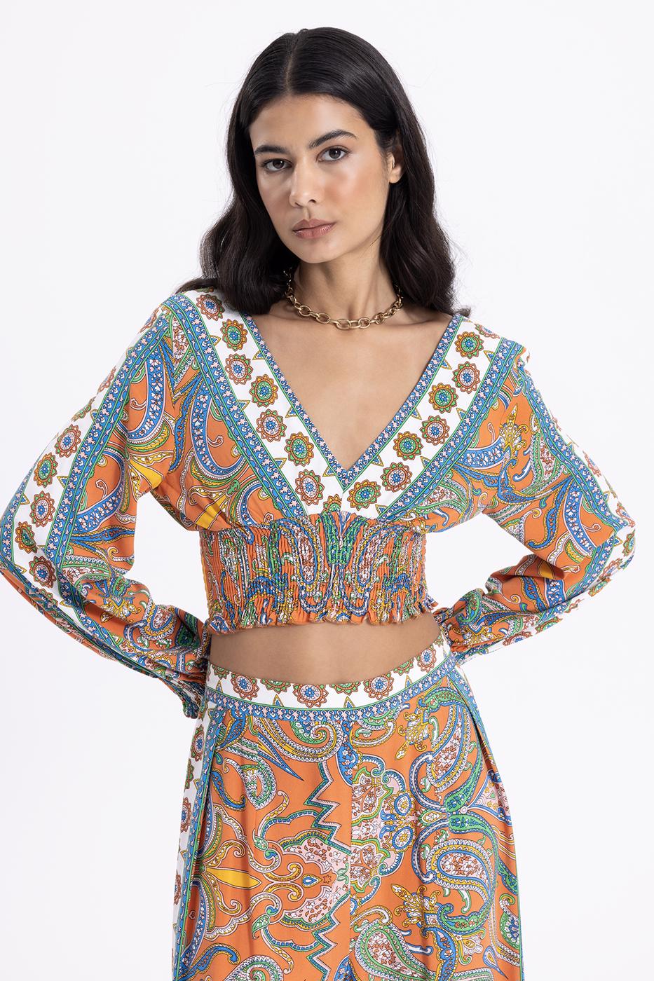 Bayan Oranj Derin V Yaka Detaylı Desenli Bluz
