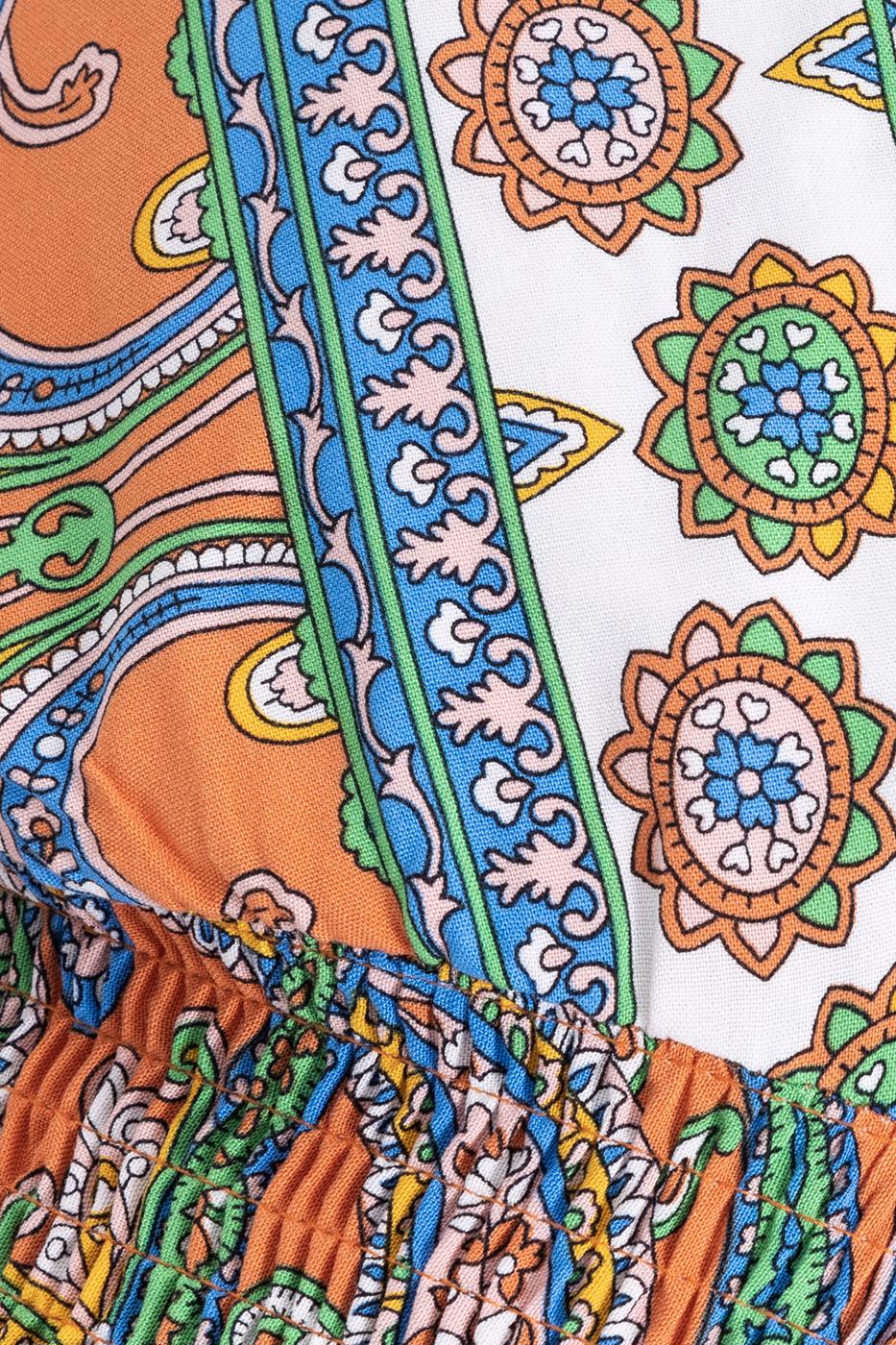 Bayan Oranj Derin V Yaka Detaylı Desenli Bluz