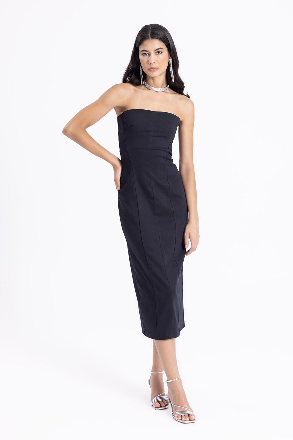 Bayan Siyah Straplez Midi Elbise