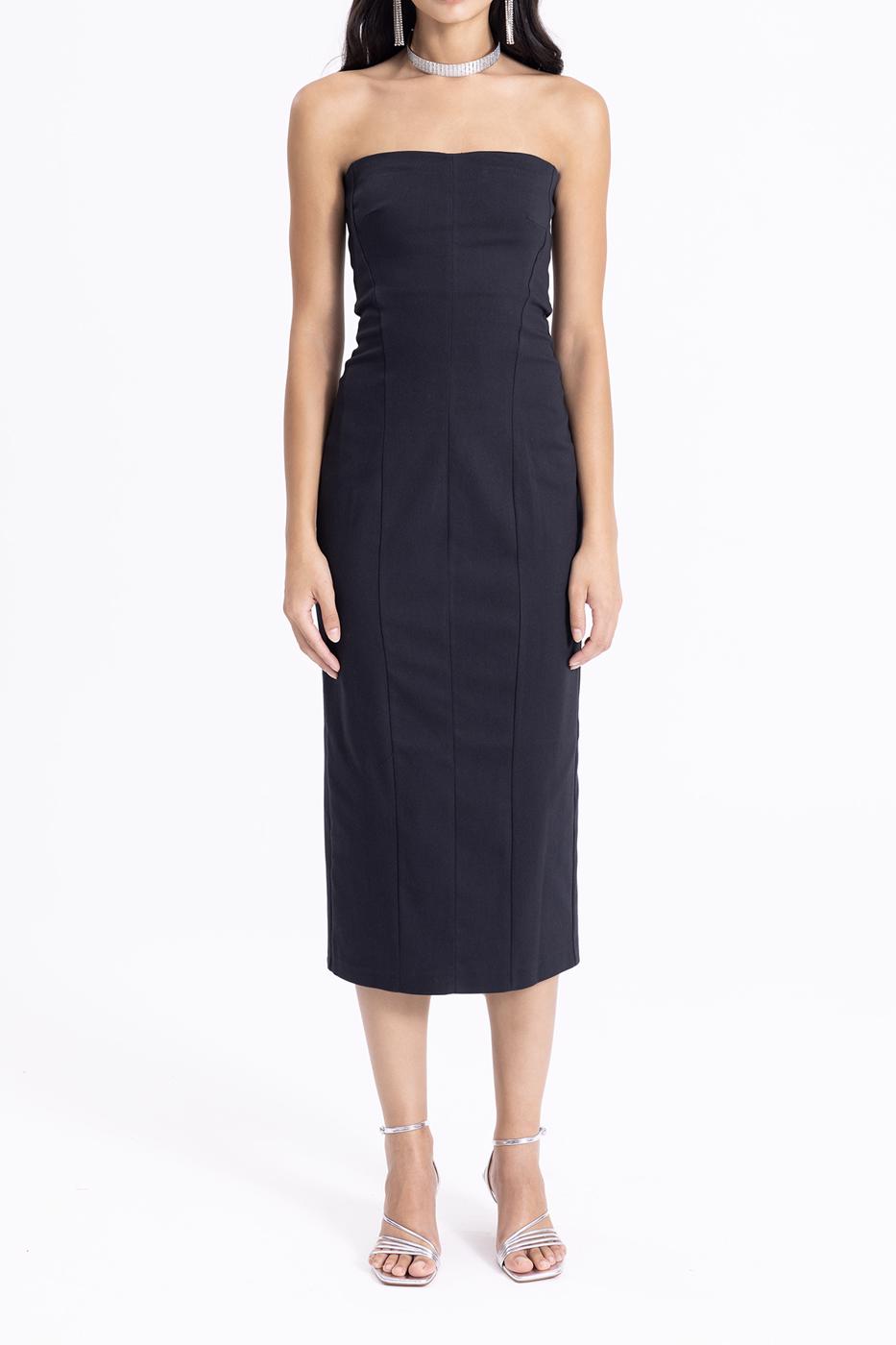 Bayan Siyah Straplez Midi Elbise