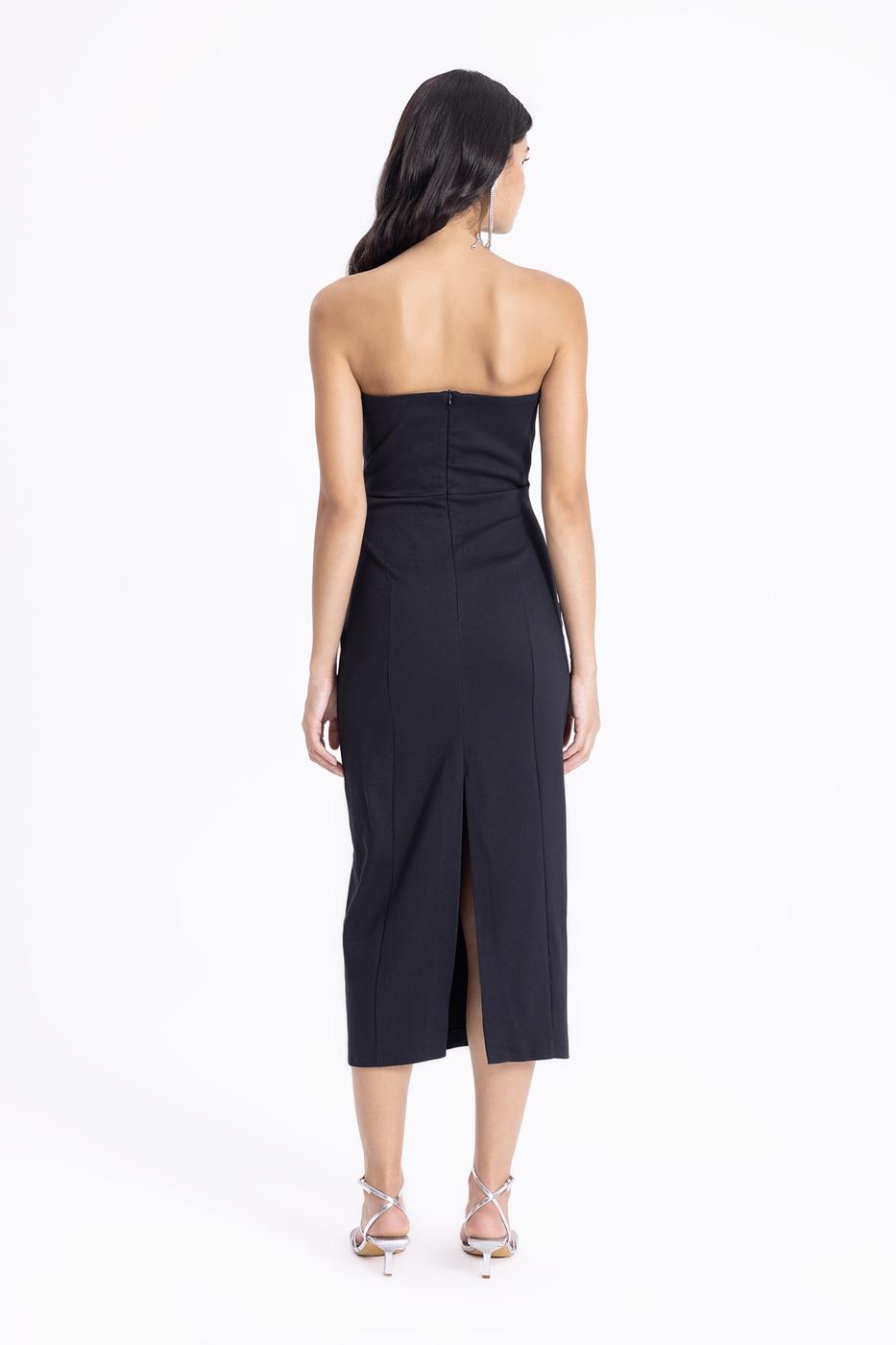 Bayan Siyah Straplez Midi Elbise