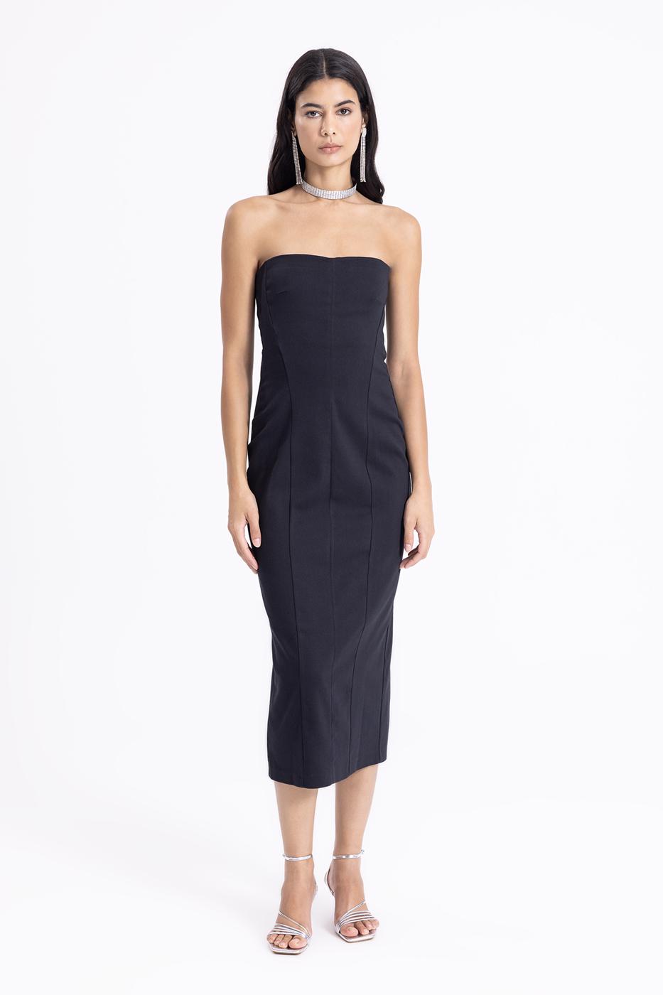 Bayan Siyah Straplez Midi Elbise